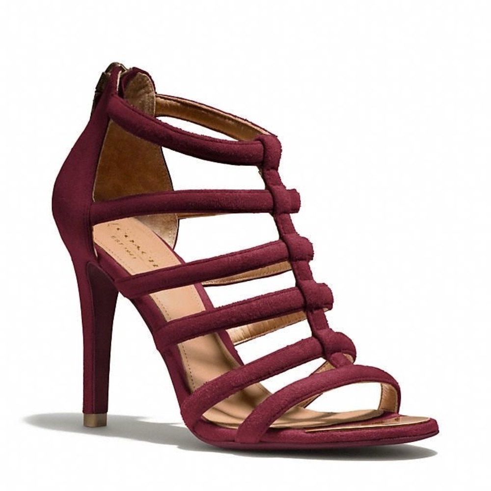 Coach Lavania Burgundy Suede Zip Back Strappy Heels  Sandals Shoes Size 7.5